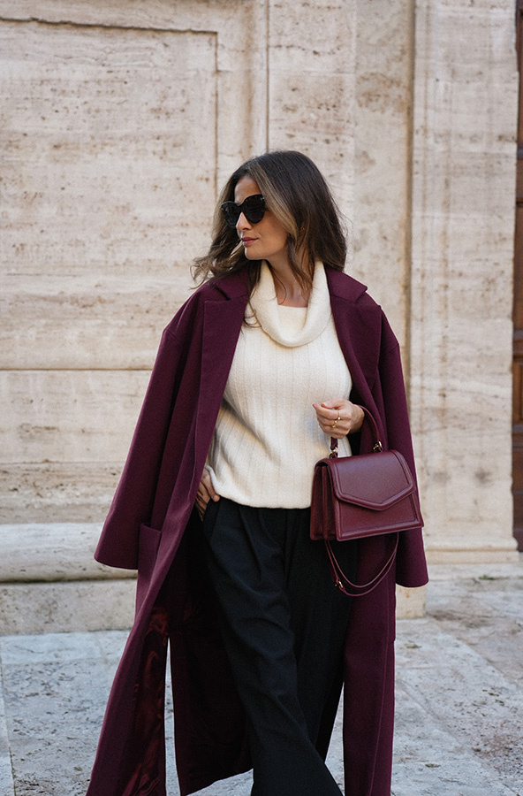 Długi płaszcz wełniany z kaszmirem Chic de la Rue Bordeaux 